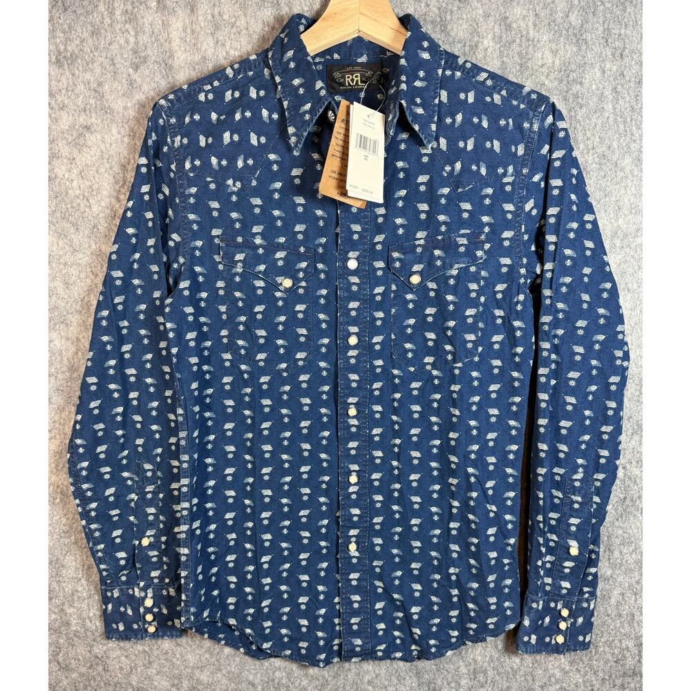 RRL Ralph Lauren Shirt Pearl Snap Mens XS Blue Long Sleeve Western Patriotic NEW